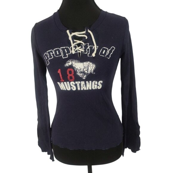Y2K VTG Charlotte Russe Lace up Lettuce Hem Mustang Sporty Varsity Bell Sleeve S - Picture 1 of 6